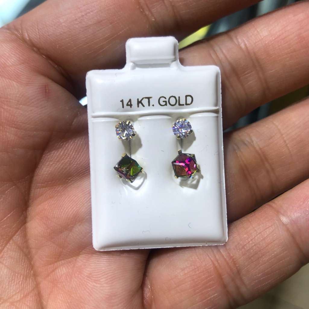 14 Karat Solid Gold Mystic Topaz Cz Earring.
